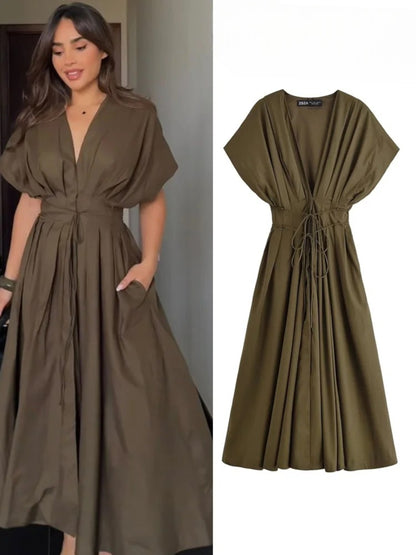 Women's V-Neck Lace-Up Midi Dress – Elegant, Backless & Summer-Ready