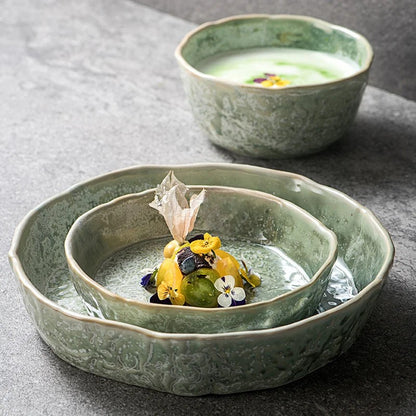 Green Ceramic Dinner Plate & Bowl